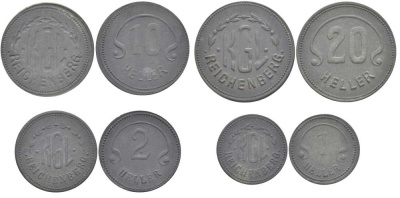 Австрия набор из 4 монет (1, 2, 10, 20 геллеров) ND лагерные деньги, лагерь Reichenberg (Рейхенберг) (Либерец) в Чехии, первая мировая война, нотгельд,  лагерьгельд  цинк    N5-53