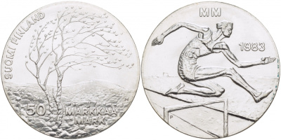 Финляндия 50 марок 1983 K-T, чемпионат мира по атлетике, бег с препятствиями KM 61 серебро UNC 1515-1224