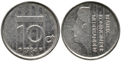 НИДЕРЛАНДЫ 10 ЦЕНТОВ 1984 БЕАТРИКС KM 203 никель 96-1253