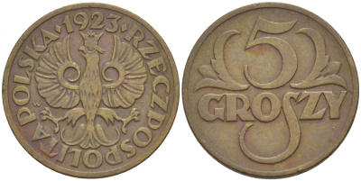 ПОЛЬША 5 ГРОШЕЙ 1923 KM 10 латунь 4549-154