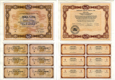 Акционерное общество открытого типа ДОКА-ХЛЕБ 10 акций обыкновенных именных стоимость 1000 рублей 1994 бумага aUNC 7552-19-1-2