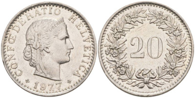 ШВЕЙЦАРИЯ 20 РАППЕНОВ 1977 KM 29a медно-никель 55-954