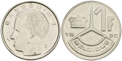 БЕЛЬГИЯ 1 ФРАНК 1990 BELGIQUE KM 170 сталь плакированная никелем 4528-1039