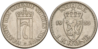 Норвегия 1 крона 1955 Хокон VII (1905-1957) KM 397 медно-никель    4601-1027