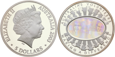 Австралия 5 долларов 2003 волонтеры Австралии, голограмма KM 1017 серебро PROOF 1066-3-35