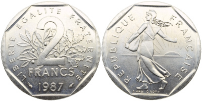 Франция 2 франка 1987 сеятель, тираж 92967 экземпляров KM 942.1 никель  UNC  1530-1341