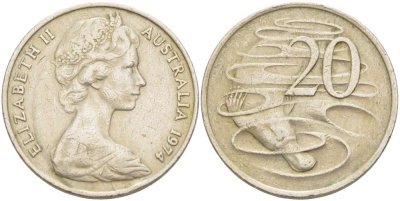 Австралия 20 центов 1974 Елизавета II (1952-2022), утконос KM 66 медно-никель 4521-125