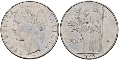 Италия 100 лир 1976 R, Афина у оливкого дерева KM 96.1 нержавеющая сталь 4131-1241