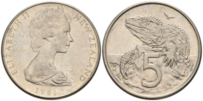 Новая Зеландия 5 центов 1981 ящерица гаттерия, Елизавета II (1952-) KM 34.1 медно-никель 4602-665