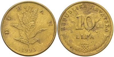 Хорватия 10 лип 1993 табак обыкновенный, легенда на хорватском KM 6 сталь плакированная латунью 186-447