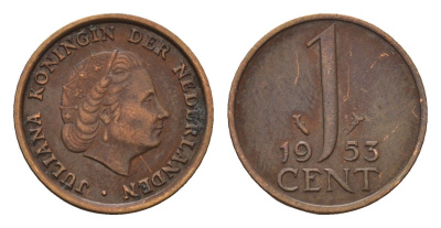 Нидерланды 1 цент 1953 Юлиана (1948-1980) KM 180 бронза 192-1025