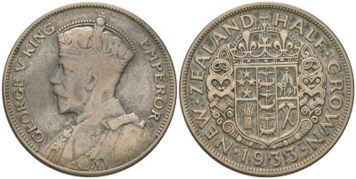 Новая Зеландия 1/2 кроны 1933 Георг V (1910-1936) KM 5 серебро 4168-246