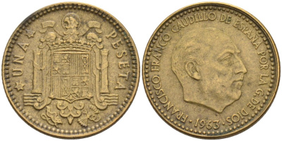 Испания 1 песета 1963 (65) Франсиско Франко (1939-1975) KM 775 алюминиевая бронза 4571-1131