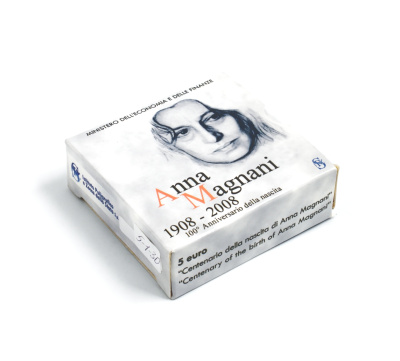 Италия 5 евро 2008 R, 100 лет Анне Маньяни, в оригинальной коробке с сертификатом KM 303 серебро 2-4-2-28