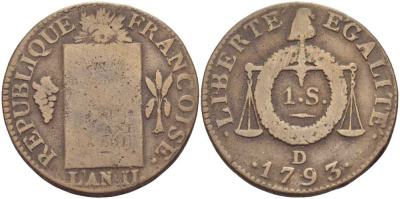 ФРАНЦИЯ 1 СУ 1793 D, ПЕРВАЯ РЕСПУБЛИКА (1792-1793) LAN II KM 619.5 бронза 441-723