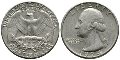 США 25 центов (квотер) 1974 Вашингтон KM 164a медь плакированная медно-никелем 57-631