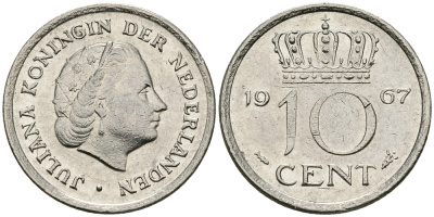 НИДЕРЛАНДЫ 10 ЦЕНТОВ 1967 ЮЛИАНА KM 182 никель 96-467
