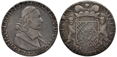 Льеж, Бельгия 1 дукатон 1671 Максимилиан Генрих Баварский KM 84 (21), Dav. 4296, Witt. 1262 серебро 00-816-12