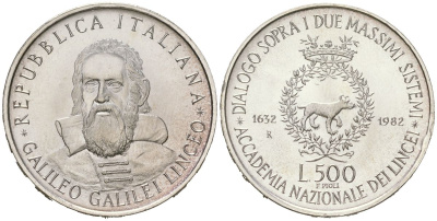 Италия 500 лир 1982 R, 350 лет со дня смерти Галилео Галилея KM 113 серебро BU 4607-224