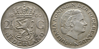 Нидерланды 2 1/2 гульдена 1960 Юлиана (1948-1980) KM 185 серебро 3460-446