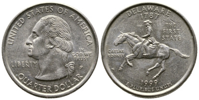 США 25 центов (квотер) 1999 Р, серия штаты США, Делавэр KM 293 медь плакированная медно-никелем 4610-554