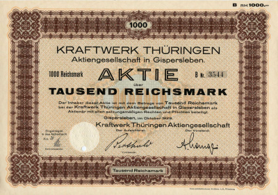 Германия 1000 рейхсмарок 1929 АО Электростанция Тюрингии, акция   бумага   8801-100-1