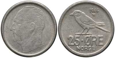 Норвегия 25 эре 1966 Улаф V (1958-1991), синица KM 407 медно-никель 218-452