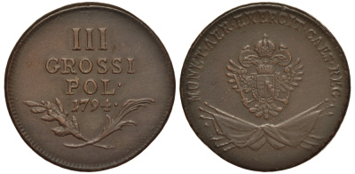 Австрия, Галиция и Лодомерия 3 гроша 1794 Станислав II Август Понятовский (1764-1795), вес 11,24 гр. KM 5, Gum. 2442, Jaeckel 149, Parch. 1155 медь 00-818-87