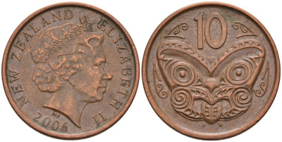 Новая Зеландия 10 центов 2006 маска Маори, Елизавета II (1952-) KM 117а сталь плакированная медью 175-1127