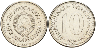 Югославия 10 динаров 1983 KM 89 медно-никель UNC 4582-1036