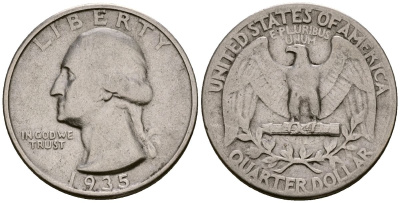 США 25 центов = квотер 1935 Вашингтон KM 164 серебро 4177-656