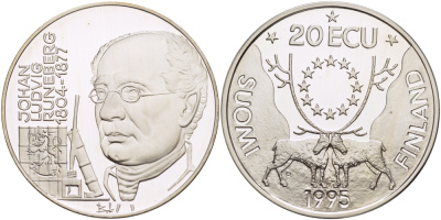 Финляндия 20 экю 1995 Йохан Людвиг Рунеберг серебро PROOF 1084-9-63