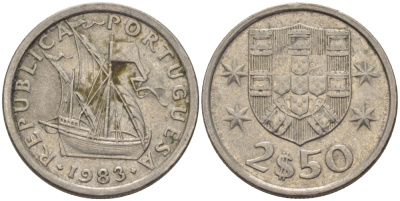 Португалия 2,5 эскудо 1983 парусник KM 590 медно-никель 67-715