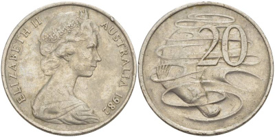 АВСТРАЛИЯ 20 ЦЕНТОВ 1982 ЕЛИЗАВЕТА II (1952-), УТКОНОС KM 66 медно-никель 4185-121