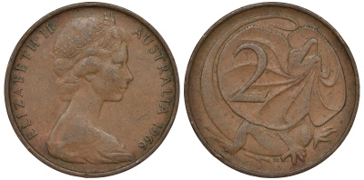 Австралия 2 цента 1966 Елизавета II (1952-), плащеносная ящерица KM 63 бронза 4556-1025