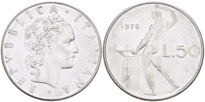 Италия 50 лир 1978 R, бог огня Вулкан у наковальни KM 95.1 нержавеющая сталь 110-755