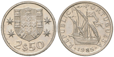 Португалия 2,5 эскудо 1985 парусник KM 590 медно-никель UNC 4618-452