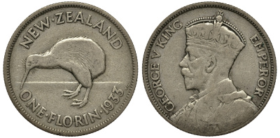 Новая Зеландия 1 флорин 1933 Георг V (1910-1936), птичка киви KM 4 серебро 272-1134