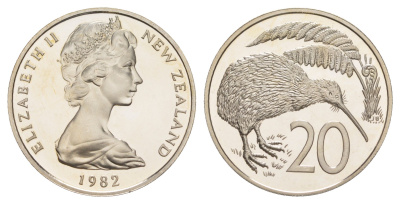 Новая Зеландия 20 центов 1982 тираж 18.000 экземпляров KM 36 медно-никель PROOF 413-342