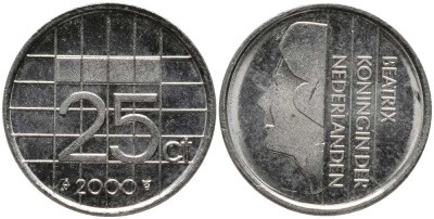 НИДЕРЛАНДЫ 25 ЦЕНТОВ 2000 БЕАТРИКС KM 204 никель 112-751