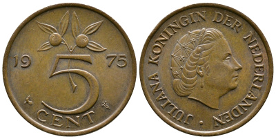 Нидерланды 5 центов 1975 Юлиана (1949-1980) KM 181 бронза 177-212