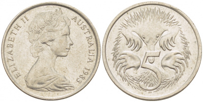 АВСТРАЛИЯ 5 ЦЕНТОВ 1983 ЕЛИЗАВЕТА II, МОЛОДОЙ ПОРТРЕТ, ЕХИДНА KM 64 медно-никель UNC 3851-1135
