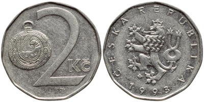 Чехия 2 кроны 1993 KM 9 сталь плакированная никелем 4397-354