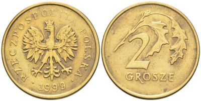 Польша 2 гроша 1999 MW KM 277, Parchimowicz 702f латунь  4136-941