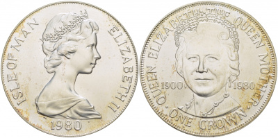 Остров Мэн 1 крона 1980 80 лет королеве Елизавете, королеве-матери KM 68a серебро UNC 01-076-15