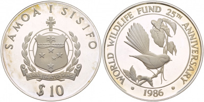 Самоа 10 тала 1986 25 лет WWF, самоанский куриный голубь KM 72 серебро PROOF 1088-5-11