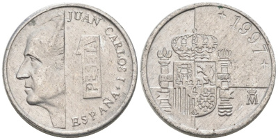 Испания 1 песета 1997 Хуан Карлос I KM 832 алюминий 4567-734