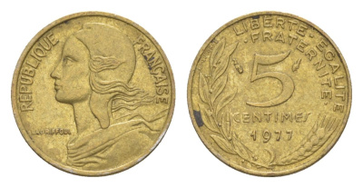 Франция 5 сантимов 1977 тип Morlon KM 933, Le Franc 125.13 алюминиевая бронза 4630-331