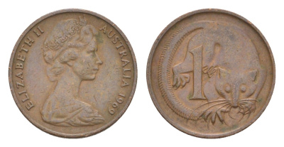 Австралия 1 цент 1969 Елизавета II (1952-2022), молодой портрет, опоссум KM 62 бронза 4585-229