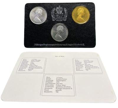 Остров Мэн набор из 3 монет по 1 крона 1977 25 лет правления Елизаветы II, в буклете KM 41, 41а, 41а серебро, серебро, медно-никель PROOF, UNC, UNC 7-5-1-06